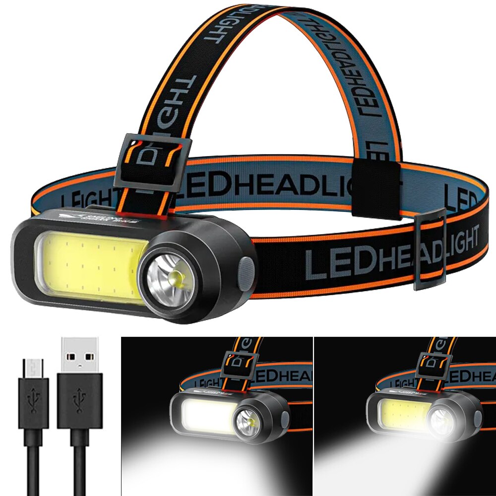 휴대용 충전식 LED 전조 등 XPE + COB 헤드 손전등 내장 18650 배터리 캠핑 낚시 헤드 램프 토치